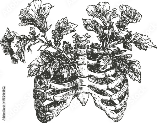 Rib cage with blooming flowers hand drawn anatomical and botanical illustration of human ribs and blossoming plants