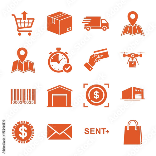 Ecommerce and delivery icons in orange on white background