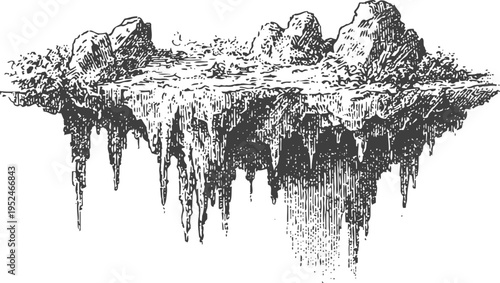 Floating rocky island with stalactites hanging below in detailed vintage sketch