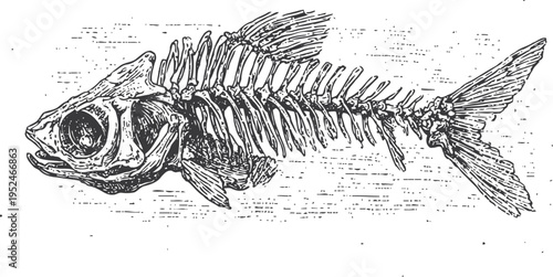 Detailed vintage fish skeleton illustration anatomical marine bone structure drawing with scales and fins