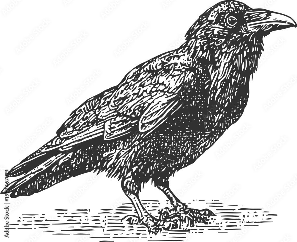 Fototapeta premium Detailed hand drawn black crow standing on ground vintage bird illustration with intricate feather texture and sharp beak
