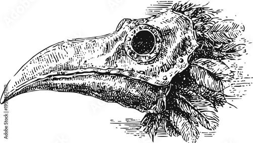 Illustration of a detailed plague doctor mask with long beak and feathers, vintage medical history symbol