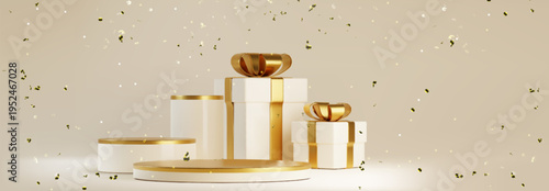 White stage platform with gift box and golden confetti. Vector realistic illustration of elegant present with shiny ribbon, festive streamer flying in air, premium product display, special shop offer