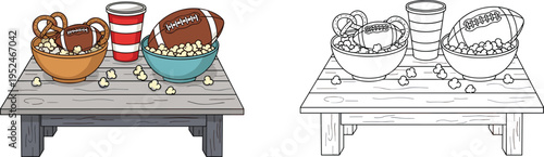 Cute cartoon snacks including popcorn pretzels and football on wooden table including black and white coloring page version on white,