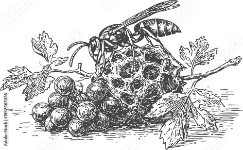 Vintage illustration of wasp nest with wasp, berries, and leaves in detailed black ink drawing