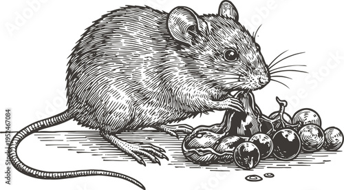 detailed vintage illustration of a mouse eating grapes with leaves, black and white animal drawing