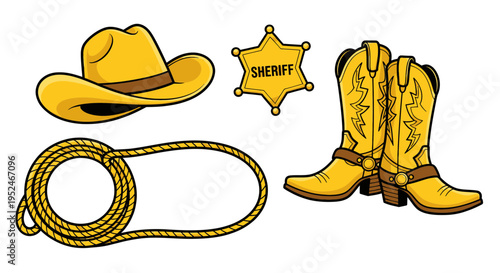 Western Cowboy Gear: Hat, Boots, Sheriff Badge, and Lasso - Isolated on White