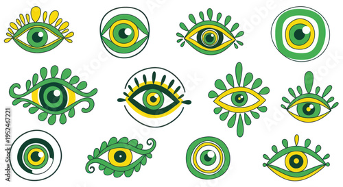 Collection of Abstract Green Eyes Symbols, Protection Amulets, Evil Eye Icon Set