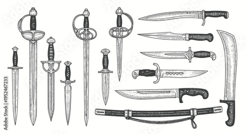 Collection of antique swords, daggers, and knives on white background, vintage style