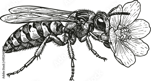 wasp pollinating a flower detailed black and white insect illustration, nature and wildlife concept