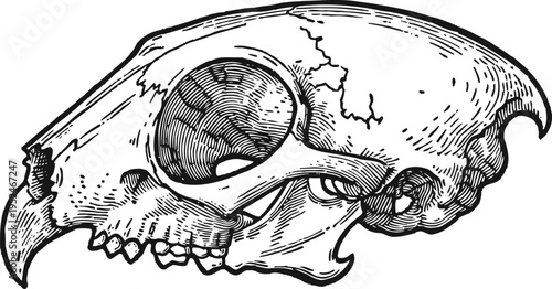 Detailed vintage illustration of a small animal skull with sharp teeth and hollow eye socket