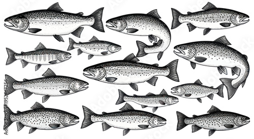 Collection of Salmon Fish Illustrations on White Background