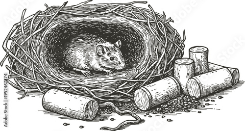 Mouse sitting in a bird's nest surrounded by cork stoppers and seeds, detailed black and white illustration