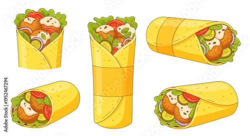 Delicious Falafel Wraps with Fresh Vegetables and Sauce, Vector Illustration