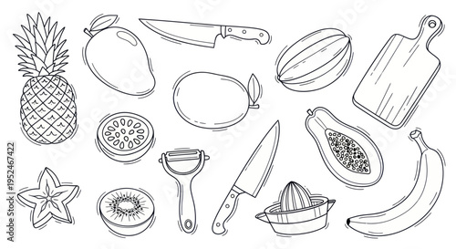 Hand-Drawn Tropical Fruits and Kitchen Utensils Sketch Collection