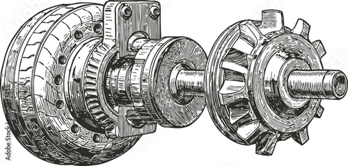 Detailed mechanical turbine and rotor assembly illustration, engineering component, industrial machinery parts