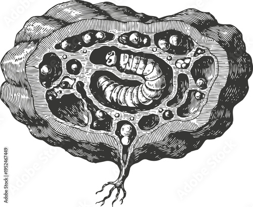 Vintage illustration of a plant root nodule with nitrogen fixing bacteria inside a root cross section