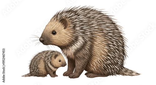 Mother and baby porcupine illustration, spiky animal family portrait