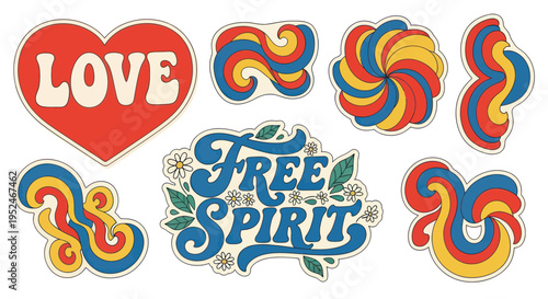 Retro 70s Style Stickers: Love, Free Spirit, Abstract Swirls