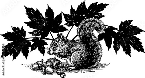 Squirrel gathering acorns near fallen leaves in black and white detailed ink drawing