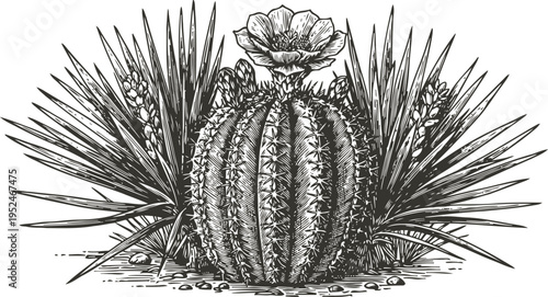 Detailed black and white illustration of a round cactus with sharp spines surrounded by desert plants and grass