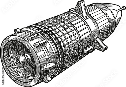 Detailed vintage illustration of a spacecraft or satellite with cylindrical body and antenna components