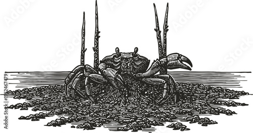crab illustration on sandy beach with detailed claws and antennae marine life sketch, coastal animal drawing