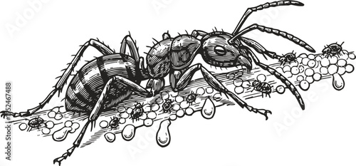 Ant black insect carrying spherical objects with droplets detailed ink drawing illustration