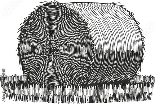 Round hay bale on grass field detailed black and white vintage farming illustration