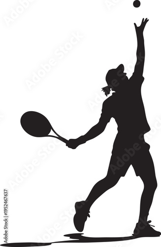 A dynamic black silhouette vector illustration capturing a tennis player executing a powerful overhead serve toss motion against a clean white background graphic design element