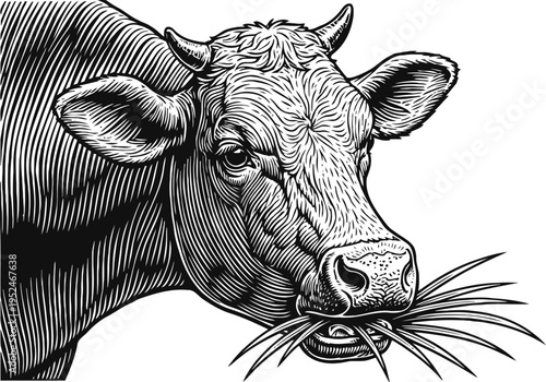 Close up black and white detailed illustration of a cow chewing grass, farm animal portrait