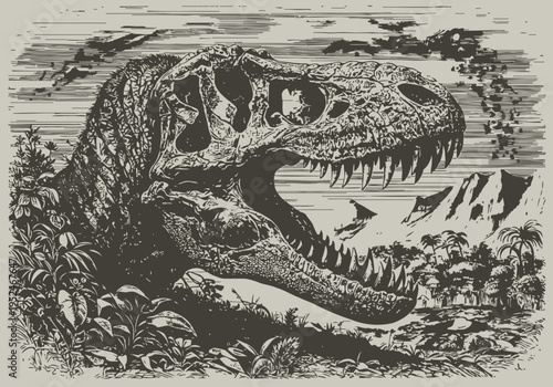 Dinosaur skull illustration with detailed teeth and jaw in prehistoric jungle scene