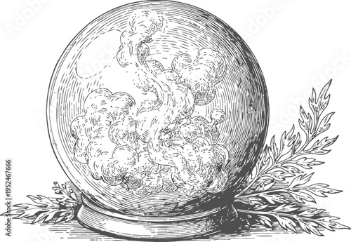 vintage crystal ball illustration with mystical smoke and decorative leaves engraving