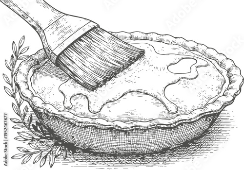 Hand brushing pie crust with glaze in bowl baking preparation illustration with kitchen brush and pastry dish