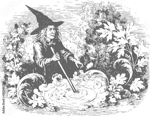 Witch stirring magical potion in cauldron surrounded by plants and herbs vintage illustration