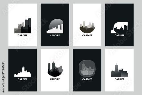 Wallpaper Mural Cardiff skyline vector logos, icon set. Pack of cityscape contour, abstract silhouettes series. Isolated graphic collection for Wales UK city Torontodigital.ca
