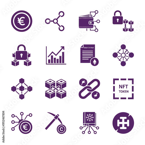 A collection of purple icons related to blockchain and cryptocurrency
