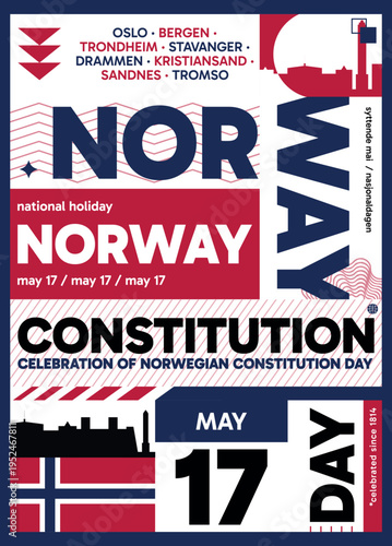 Wallpaper Mural Norway Constitution Day poster. Vector illustration with flag colors, utilitarian and bold style for web card, cover, print, social media post. Patriotic holiday infographic composition concept Torontodigital.ca