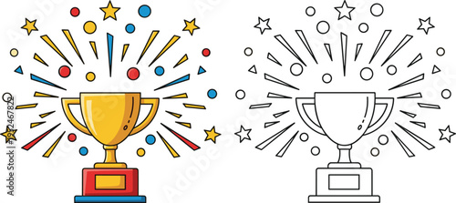 Golden winner trophy cup with celebration confetti and stars including black and white coloring page version isolated on white background,