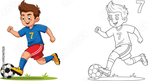 Cute cartoon boy soccer player running with ball wearing blue jersey and red shorts including coloring page version on white,