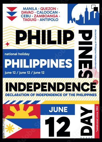 Wallpaper Mural Philippines Independence Day poster. Vector illustration with flag colors, utilitarian and bold style for web card, cover, print, social media post. Patriotic holiday infographic composition concept Torontodigital.ca
