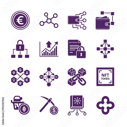 A collection of purple icons related to cryptocurrency and blockchain technology