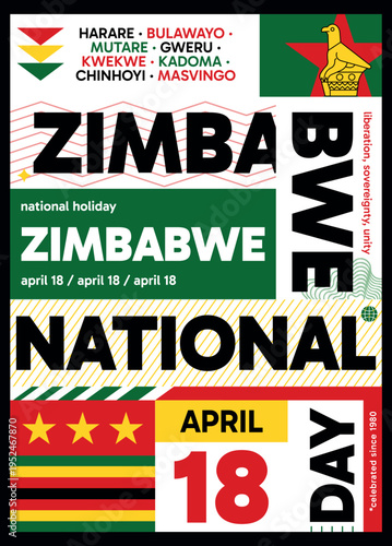 Wallpaper Mural Zimbabwe National Day poster. Vector illustration with flag colors, utilitarian and bold style for web card, cover, print, social media post. Patriotic holiday infographic composition concept Torontodigital.ca