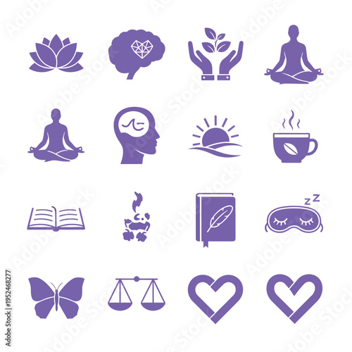 A collection of purple icons representing mental health and wellness