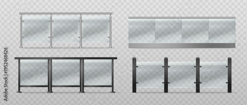 Glass panel railing designs set isolated on transparent background. Vector realistic illustration of steel barrier with metal frame and plexiglass for modern balcony or terrace, architecture elements