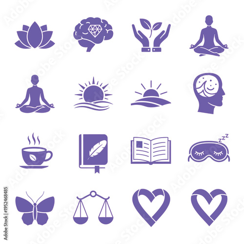 A collection of purple icons representing wellness and self-care