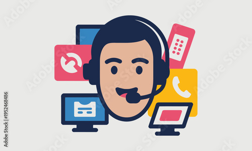 A stylized illustration depicts a customer service representative surrounded by communication devices high quality professional