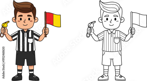 Cute cartoon boy referee holding yellow whistle and red flag including coloring page version isolated on white background for kids,