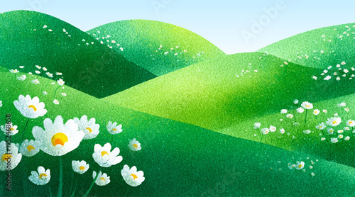 Watercolor landscape with rolling green hills and chamomile flowers blooming across spring meadows under blue sky with fluffy clouds and distant mountains. Vector Illustration.