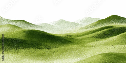 Watercolor landscape with green rolling hills and spring meadows under blue sky. Nature scene perfect for posters, banners, or seasonal greeting cards and templates. Vector Illustration.